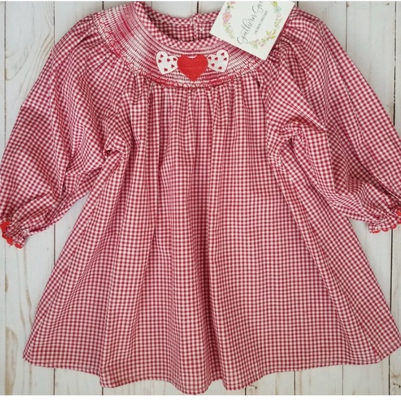Girls Valentine's Red & White Gingham Smocked Heart Embroidery Dress Brand New - Picture 2 of 16